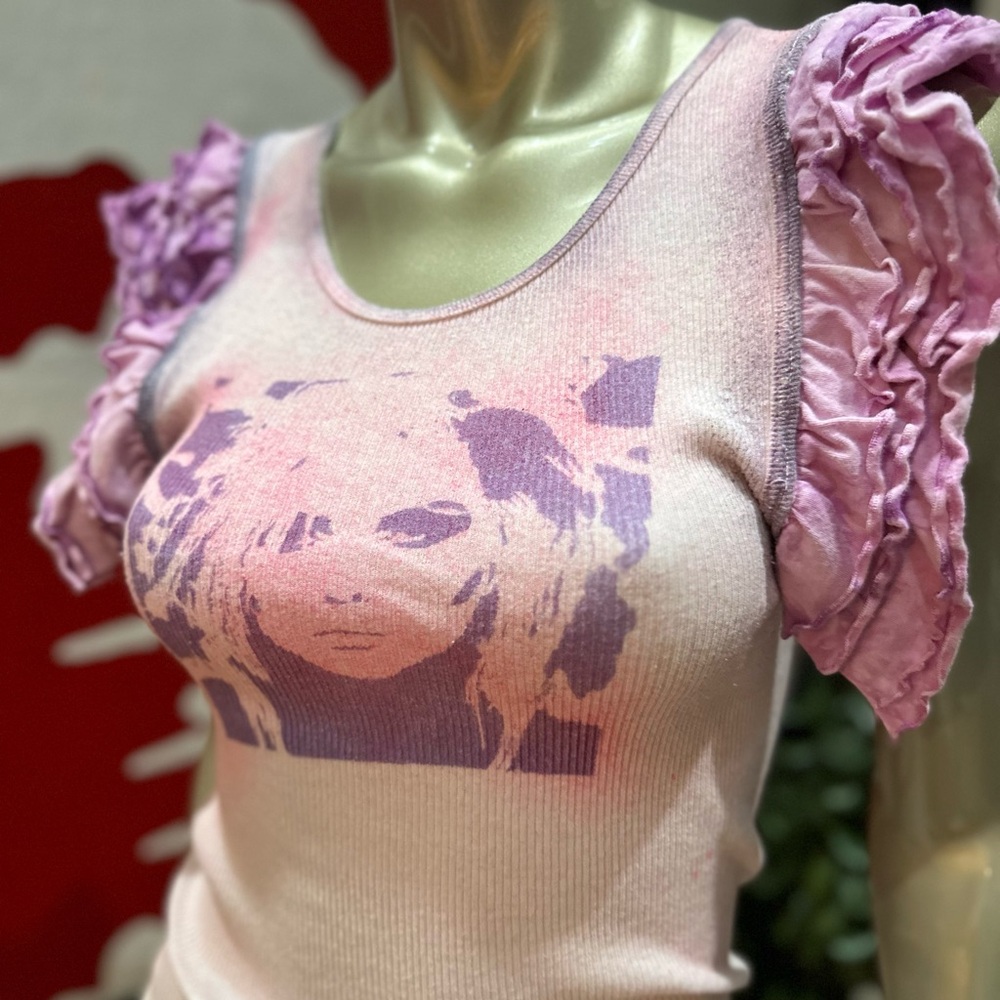 ⚡️BLONDIE 80s Harajuku rockin’ distressed graffiti soft tank ruffle M/L